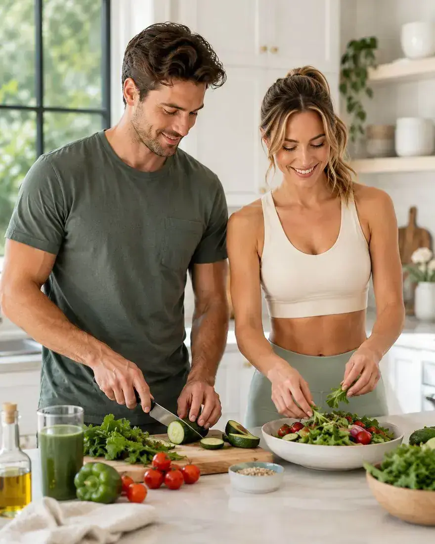 Active couple preparing healthy food at home