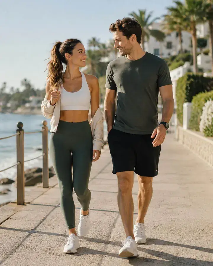 Active couple walking by the coast