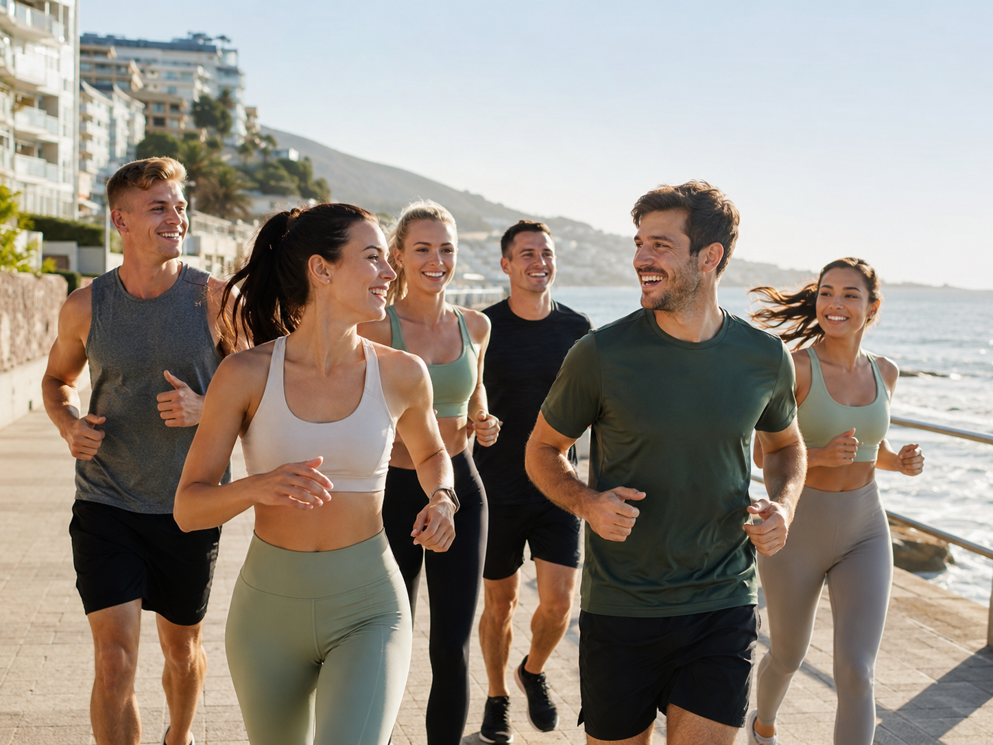 Group running by the coast