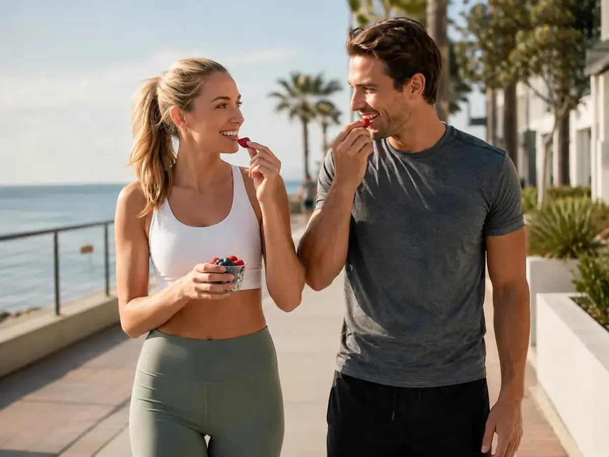 Couple walking with healthy snacks